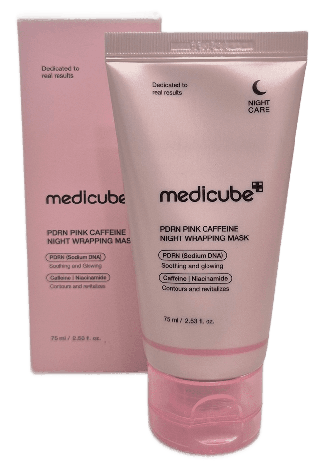 Medicube PDRN Pink Caffeine Night Wrapping Mask 75 ml – envase – producto y caja